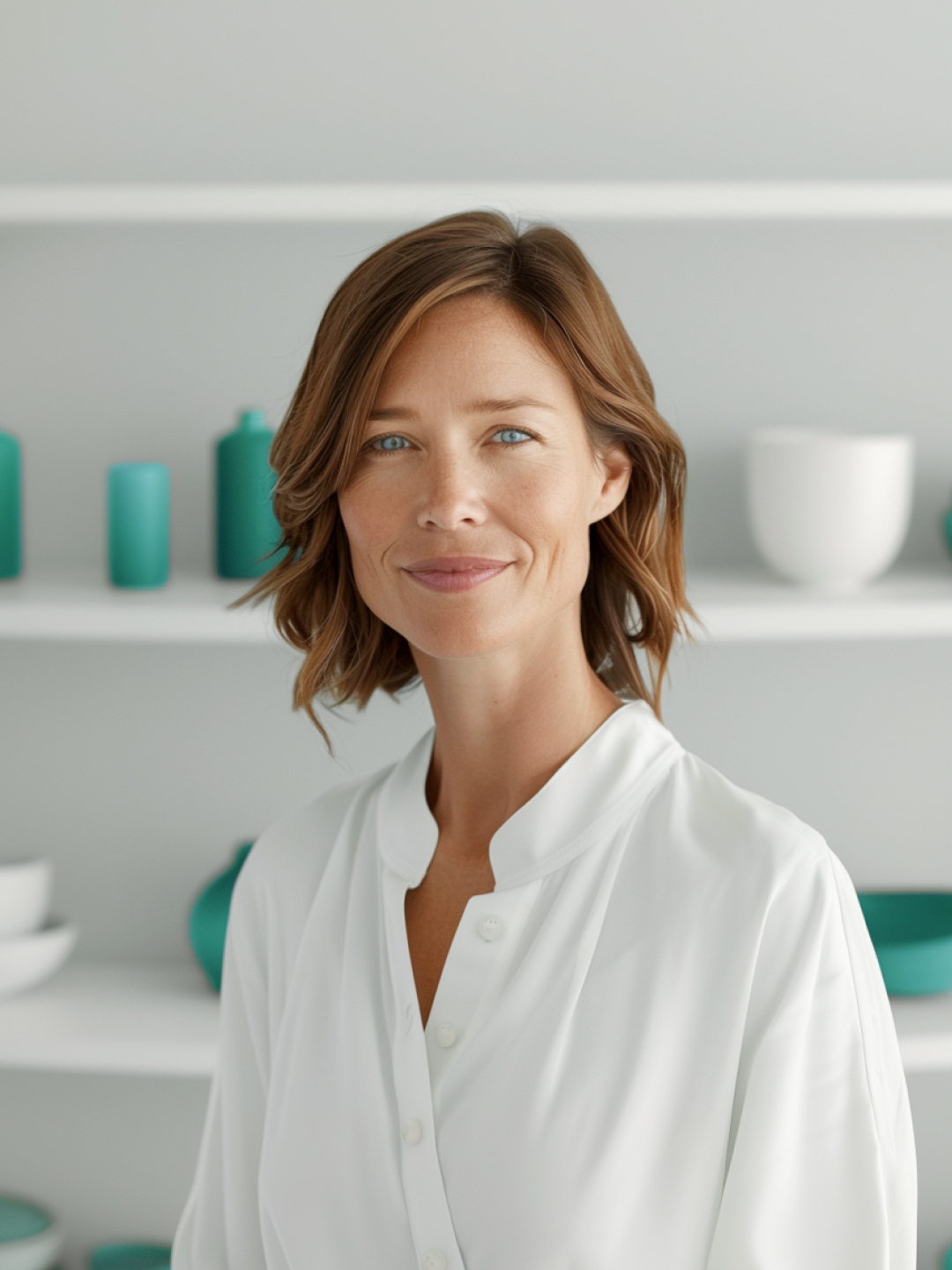 A woman with shoulder-length brown hair, wearing a white blouse, smiles at the camera in a bright room with turquoise and white decorative items on shelves behind her.