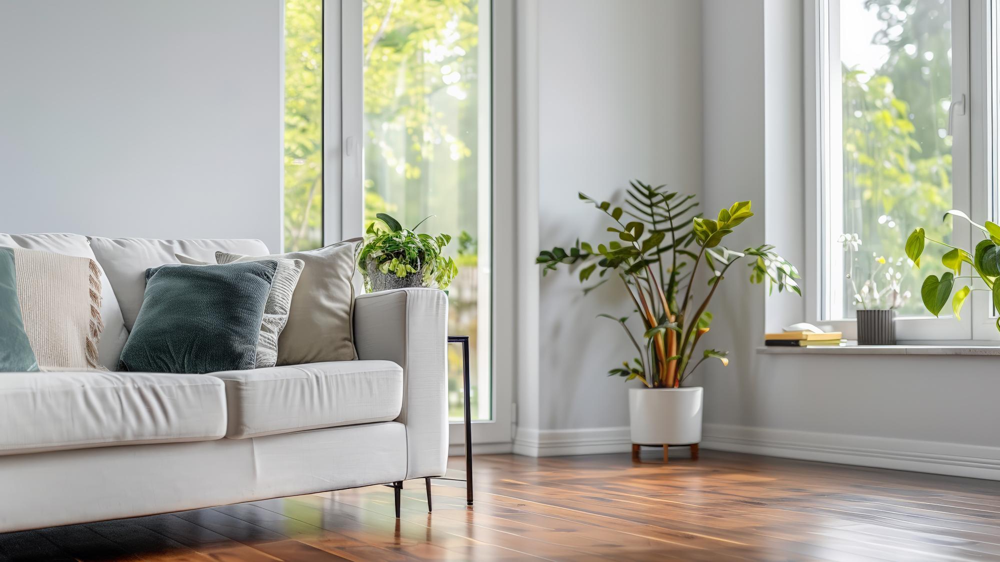 A bright, modern living room featuring a light-colored couch with decorative pillows, large windows letting in natural light, and several greenery plants in decorative pots. The floor is made of wooden planks.